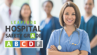 A healthcare professional stands in front, with the Leapfrog Group Hospital Safety Grade logo, displaying an "A" grade.